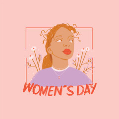 Cute girl greeting card for International Women's Day. Vector.