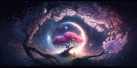 Fototapeta Spring Blossom Landscape Banner: A Fantasy Galaxy for Spiritual Healing and Consciousness. Generative AI. obraz