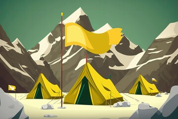 Yellow tents at Everest Base Camp, Khumbu Glacier, Nepal Himalayas, Sagarmatha National Park. Generative AI