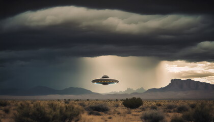 classic UFO hovering over desert landscape, made with generative ai
