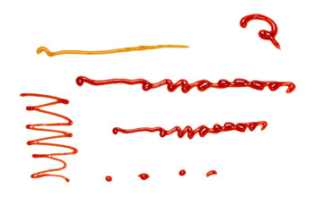 Orange apricot jam splashes isolated on white background. Top view.