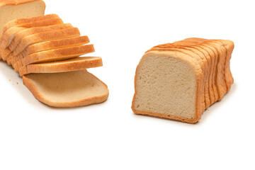 Delicious bread slices isolated on a white background, top view.