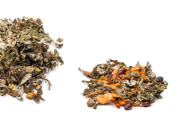 Dry tea leaves and dry fruit isolated on white background.
