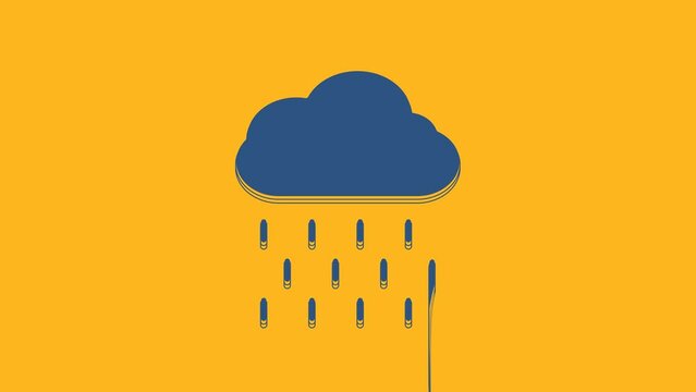 Blue Cloud with rain icon isolated on orange background. Rain cloud precipitation with rain drops. 4K Video motion graphic animation