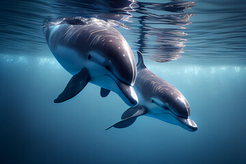 Beautiful dolphins swimming in a clear blue water, generative ai