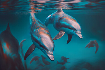 Beautiful dolphins swimming in a clear blue water, generative ai
