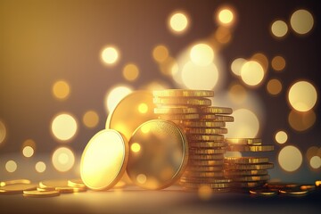 Polish gold coins stacked over a luminous bokeh background, a symbol of commercial success and wealth. Generative AI