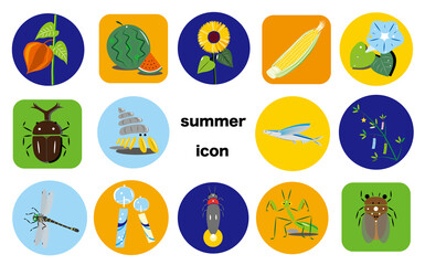 日本の夏の食べ物や昆虫や植物などの風物詩で描いたアイコン