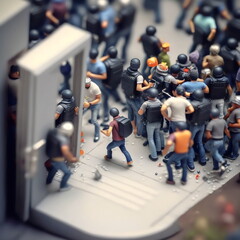 Obraz premium miniature model of riot scene with crowd, made with generative ai