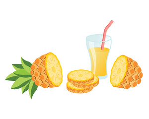 Sliced ​​pineapple fruit and a glass of pineapple juice with straw. Vector illustration cartoon flat icon isolated on white background.