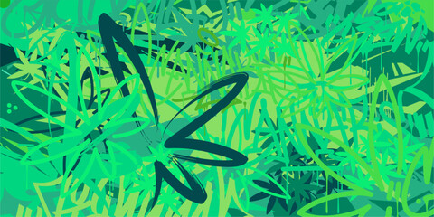 Trendy Green Abstract Urban Street Art Graffiti Style With Cannabis Leaves Vector Illustration Background Template © Anton Kustsinski