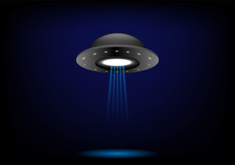 Unidentified flying object on futuristic dark blue background.