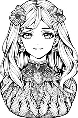 A beautiful girl, featuring decorations and costumes, doodle, coloring book. Vector illustration
