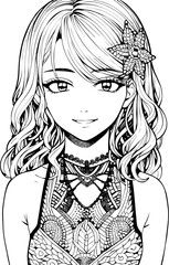 A beautiful girl, featuring decorations and costumes, doodle, coloring book. Vector illustration