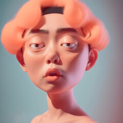 spaced out asian character with orange hair, made with generative ai