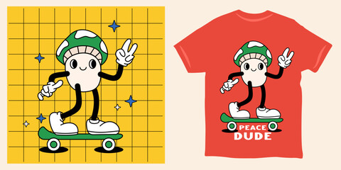 Mushroom on skateboard retro mascot design Peace Dude