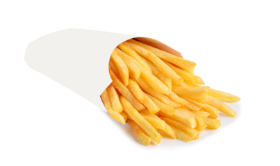 French fries in a white paper box isolated on transparent background. PNG