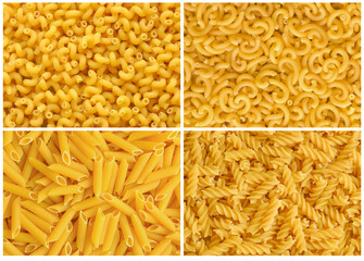 Collage of various raw dry yellow pasta.Сavatappi pasta, fideua pasta, penne pasta, fusilli.