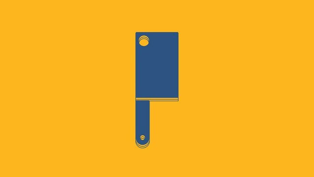 Blue Meat chopper icon isolated on orange background. Kitchen knife for meat. Butcher knife. 4K Video motion graphic animation