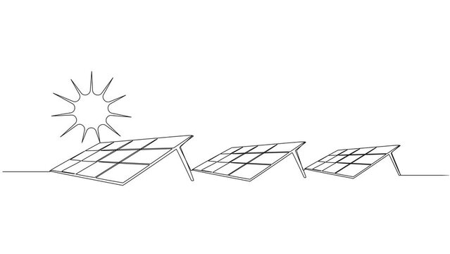 animated continuous single line drawing of solar power photovoltaic system, line art animation 