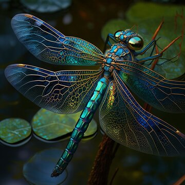 beautiful dragonfly flying over water with open wings macro eyes green insect thin head insect bug transparent feather light insect  water lily close up winged Generative AI 