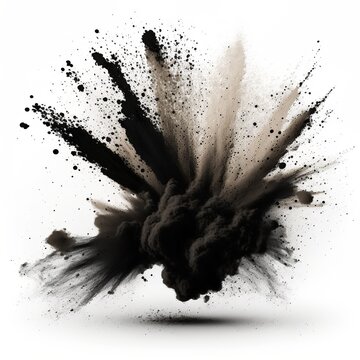 Blast Of Black Powder. Black Dust Explosion In Close Up, Isolated On A White Background Smoke Dirt Smog Spray Splash Chimney Sweep Dark Shadow Paint Mud Patch Generative AI