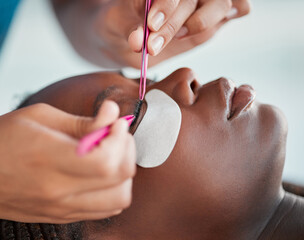 Makeup, eyelash extensions and salon with black woman for self care, beauty and cosmetology. Relax, wellness and cosmetics with girl customer and lashes technician for treatment, beautician and spa