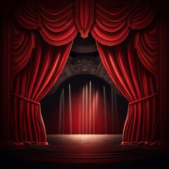 Empty theater stage with red velvet curtains.  illustration evening, light laser light lecture drama play interior movie drapes show  Generative AI