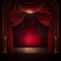 Empty theater stage with red velvet curtains.  illustration evening, light laser light lecture drama play interior movie drapes show dark opera Generative AI
