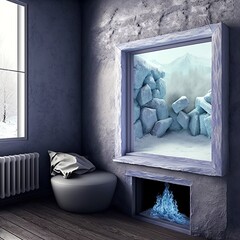 fireplace in the room with frozen ice wall winter time window snow minus cold interior point Generative AI 