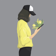 Young beautiful girl with phone and spring flowers. Minimalistic Vector illustration in yellow color.