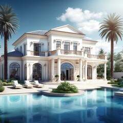 Luxurious villa with pool exterior outdoor swimming pool storey building with trees clean air large glass windows modern style water blue travel vacation business palm shaded part Generative AI  - obrazy, fototapety, plakaty
