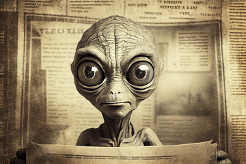 Portrait of a humanoid alien in style of vintage newspaper article or an old photograph, generative ai