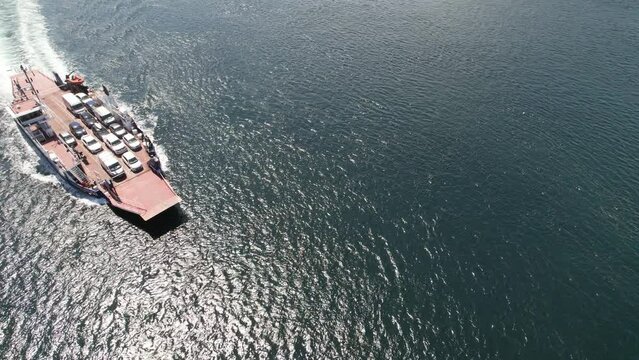 Aerial view of the Strangford Lough car ferry crossing the Narrows between Strangford and Portaferry, County Down, Northern Ireland