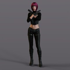 3D-illustration of an female rogutlike ninja fighter fighter in a nanosuit with guns