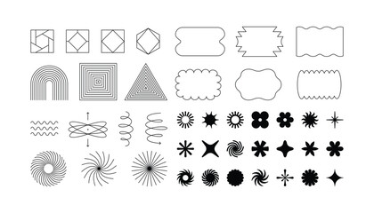 Vector set of minimalist brutalist design elements, futuristic shapes and geometric figures and stars - abstract background elements for branding, packaging, prints and social media posts