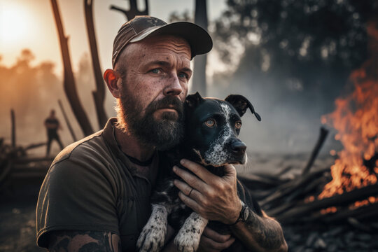 A Refugee Man's Journey with His Loyal Dog Amidst Times of Conflict war ai generative