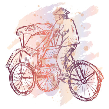 Sketch of traditional tricycle called Becak from Indonesia