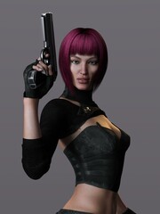 3D-illustration of an female rogutlike ninja fighter fighter in a nanosuit with guns