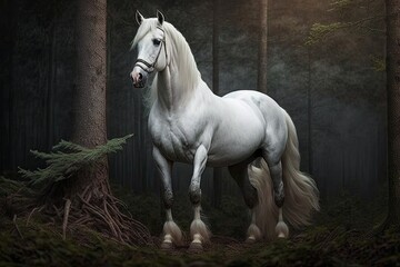 Obraz na płótnie Canvas Majestic White Stallion, Guardian of the Forest Generative AI