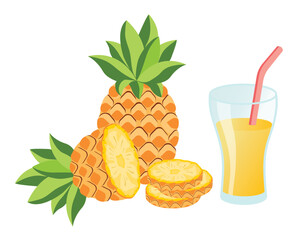 Pineapple fruit, whole and half. Glass of pineapple juice with straw. Vector illustration cartoon flat icon isolated on white background.
