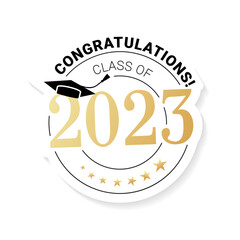 Congratulations Graduates of 2023. Icon. With an academic cap in a minimalistic black and gold design. Graduation ceremony design template for banner, badge, invitation, print, etc.Vector illustration