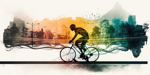 Double exposure of a cyclist, young man on a bike, riding bicycle in city, urban skyline, watercolorstyle, AI generative - obrazy, fototapety, plakaty