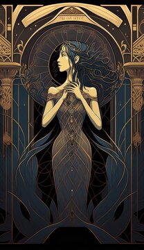 Anuket, Anaka or Anqet, goddess of the Nile River in Egyptian mythology. AI generative in art nuveau style.