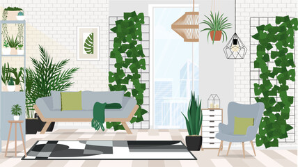 Illustration Interior design bright living room with sofa, armchair and green plants.