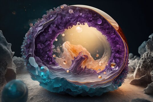 exquisite amber yellow colored citrine and amethyst shimmering crystals trapped inside spiral clear quartz marble ball - Generative AI. 