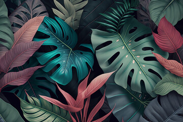 Borderless Pattern with Tropical Leaves in Watercolor Style, Generative AI