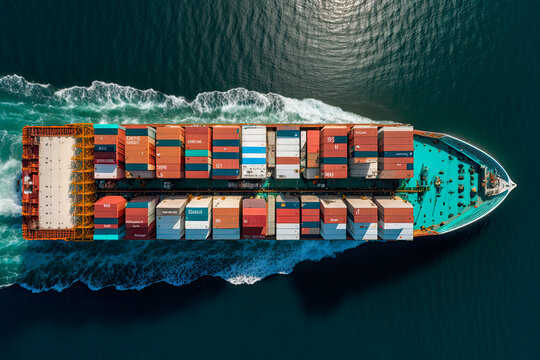 Aerial view of a large container ship in the ocean. Generative AI