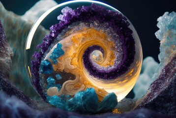 exquisite amber yellow colored citrine and amethyst shimmering crystals trapped inside spiral clear quartz marble ball - Generative AI. 