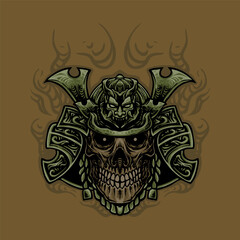 The golden samurai skull head illustration design